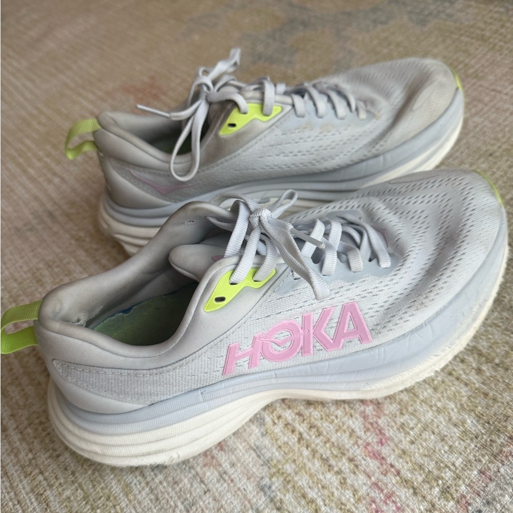 Hoka boni 8 Light Gray and Pink Athletic Shoes